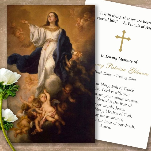 Cartes de prière | Assomption Marie avec Croix (catholic, religious, celebration of life, in loving memory of, prayer cards for bereavement)