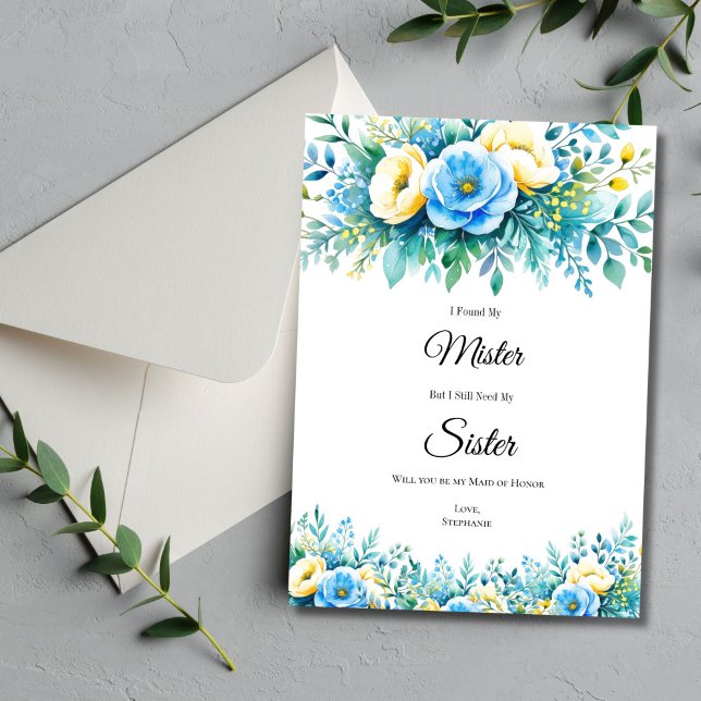 Cartes de proposition de fête de la mariée jaune b (Blue yellow watercolor floral Bridesmaid Maid of Honor Proposal card. Printed or Digital download)