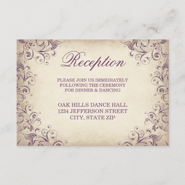 Cartes de réception de mariage à flourish violet v (Devant)