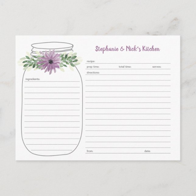Cartes de recette de pot Mason floral à la lavande (Devant)