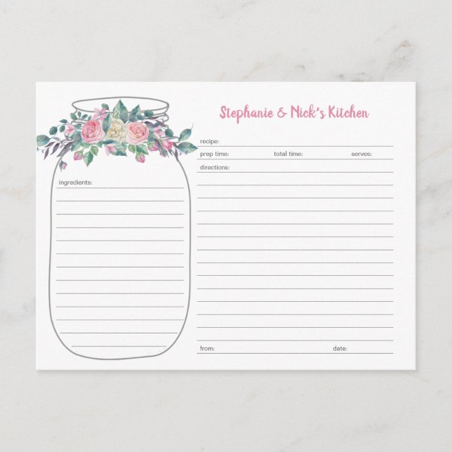Cartes de recette Roses Floral Mason Jar (Devant)