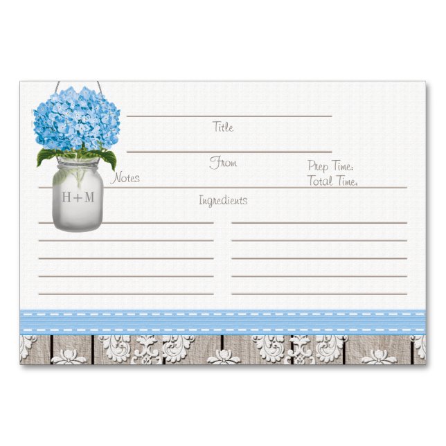 Cartes de recettes 3x5 Blue Hydrangea Mason Jar (Devant)