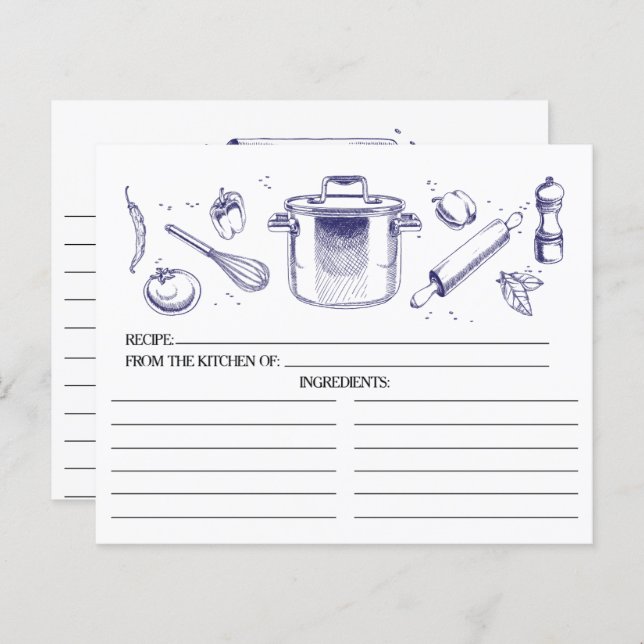 Cartes de recettes Blue Sketched Kitchen Tools (Devant / Derrière)