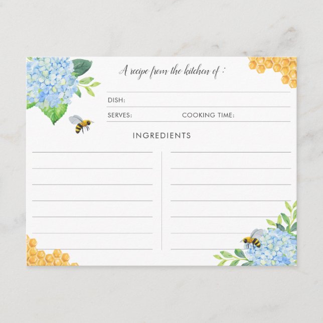 Cartes de recettes botaniques Blue Hydrangea Bee (Devant)