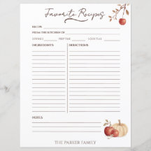 Cartes de recettes de famille de la pomme d'automn