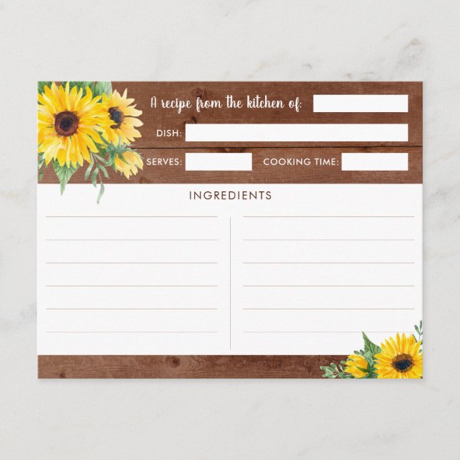 Cartes de recettes de tournesol rustique (Devant)