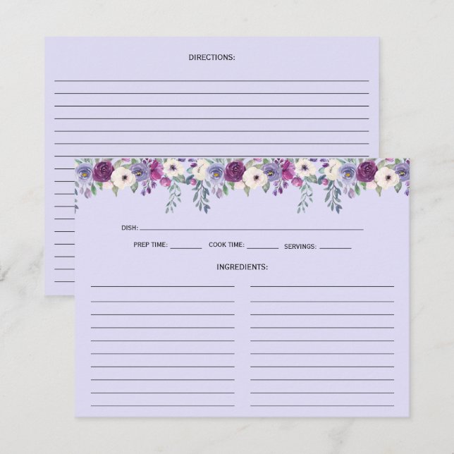 Cartes de recettes florales violet lavande (Devant / Derrière)