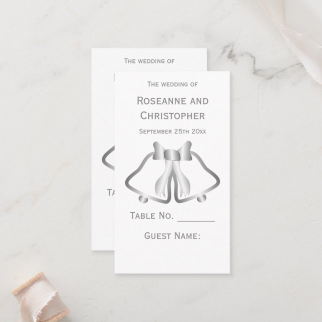 Cartes de réglage Mariage Argent Bells Ruban (Devant/Arrière en situation)