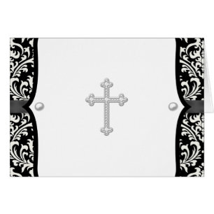 Cartes de remerciement Croix de perle et damas noi