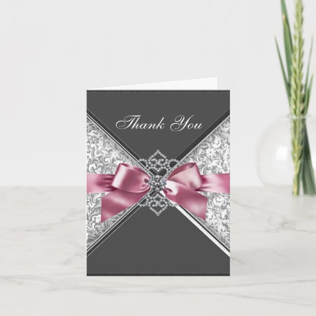 Cartes de remerciement Damassé Noir Rose Diamants (Devant)