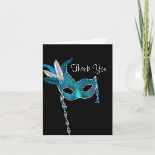 Cartes de remerciement de fête masquée bleu sarcel