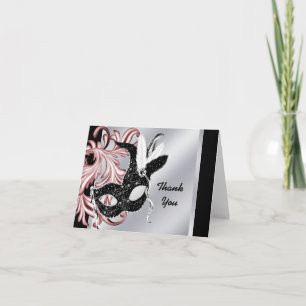 Cartes de remerciement de fête masquée rose et noi