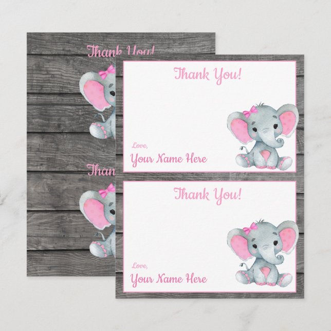 Cartes de remerciement de fille éléphant de douche (Devant / Derrière)