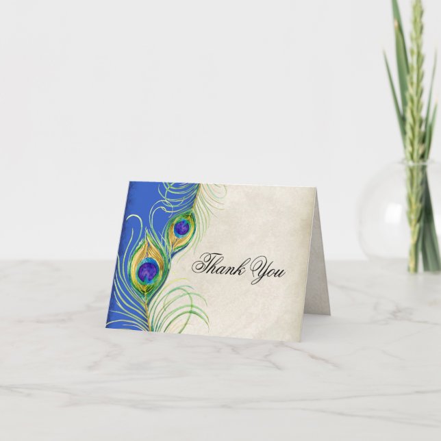 Cartes de remerciement de mariage à plumes de paon (Devant)