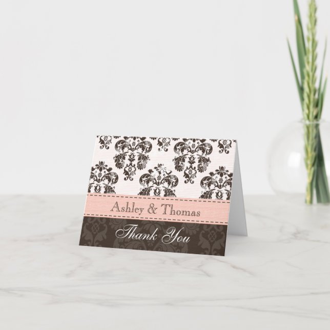 Cartes de remerciement de mariage en damas rose et (Devant)