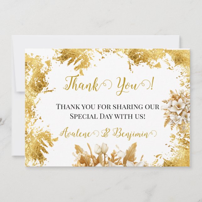 Cartes de remerciement du Mariage blanc et or (Devant)