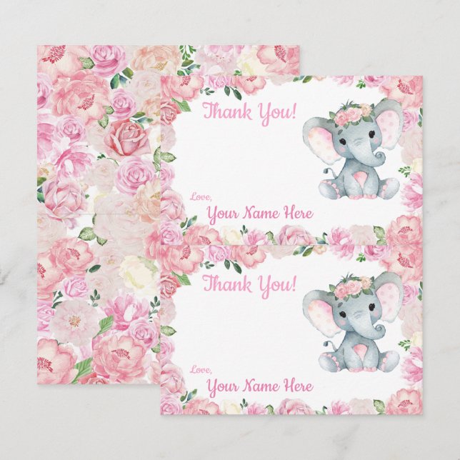 Cartes de remerciement éléphant fille de deux par  (Devant / Derrière)