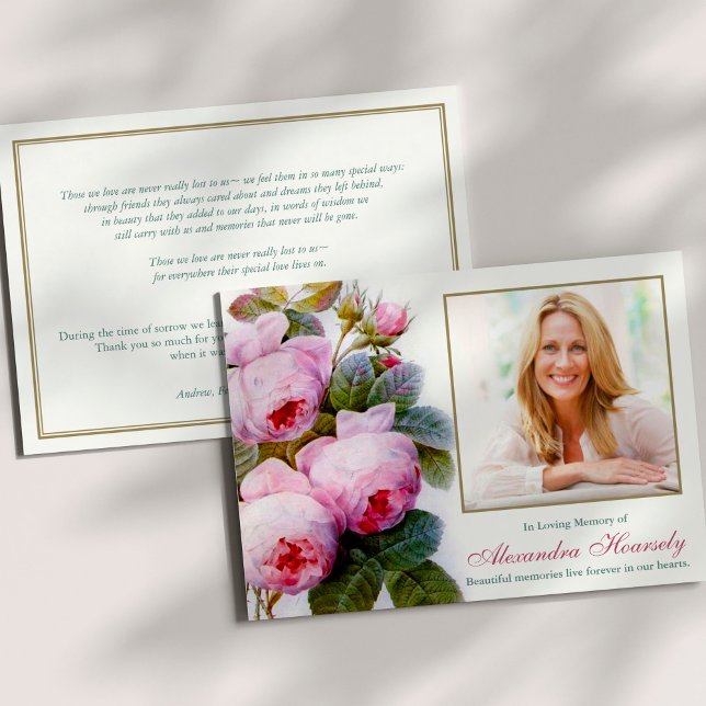 Cartes de remerciement funéraire | Roses roses Vin (Sympathy Botanical Pink Peony Roses Memorial Bereavement Funeral Thank You Cards)