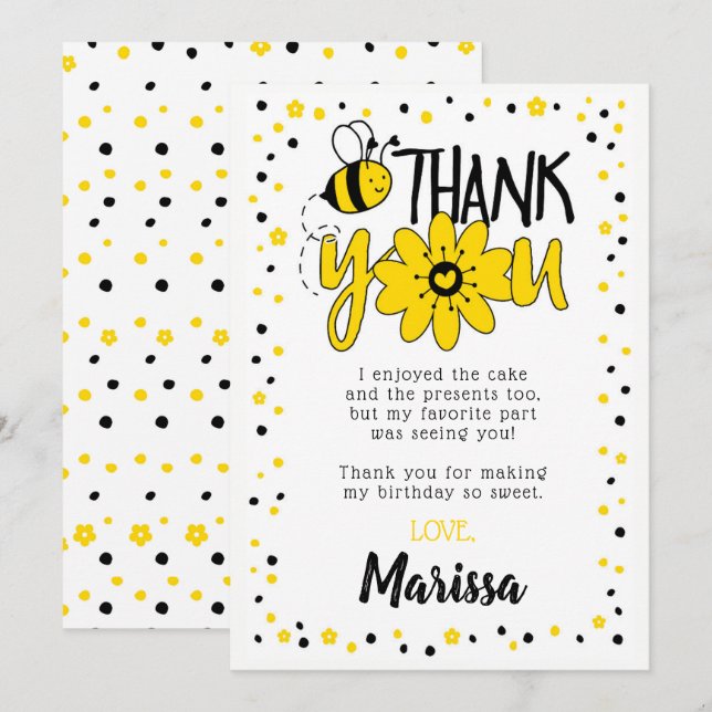 Cartes de remerciement pour anniversaire Bee (Devant / Derrière)