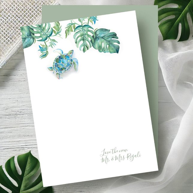 Cartes de remerciement pour mariage Tortue de mer  (Tropical notecards watercolor sea turtle and palm leaf art by Victoria Grigaliunas, Do Tell A Belle)