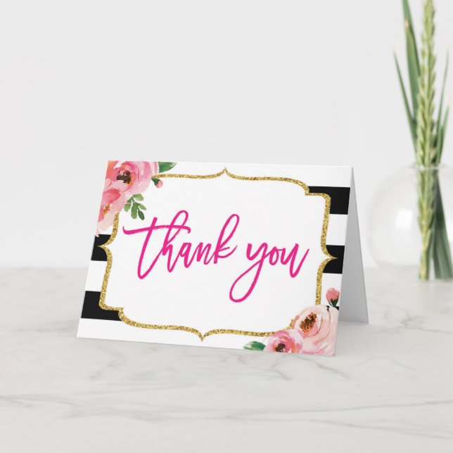 Cartes de remerciement rayées noir et blanc floral (Devant)