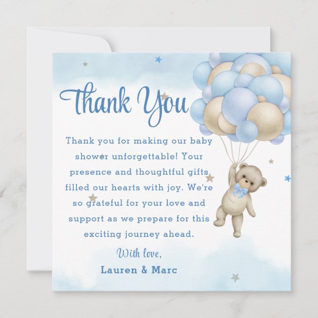 Cartes de remerciements Ballons Bleus Ours Teddy (Devant)