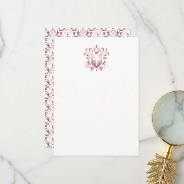 Cartes de Remerciements Dusty Pink Crest & Cross (Devant/Arrière en situation)