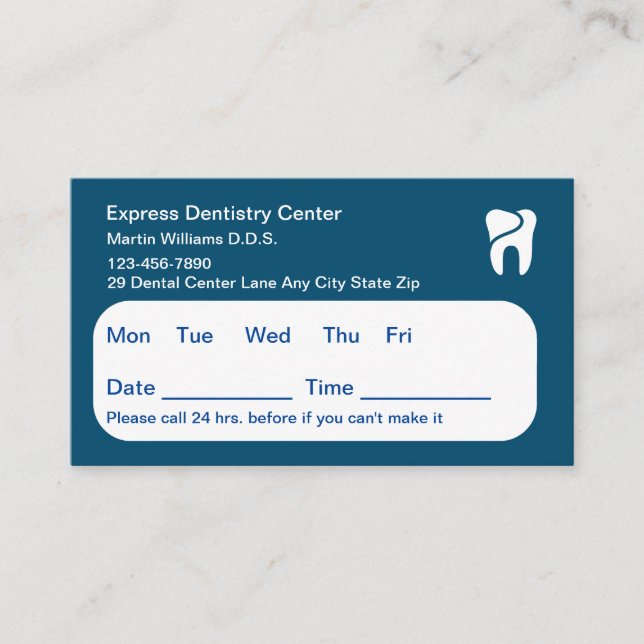 Cartes de rendez-vous de bureau pour dentiste bleu (Devant)