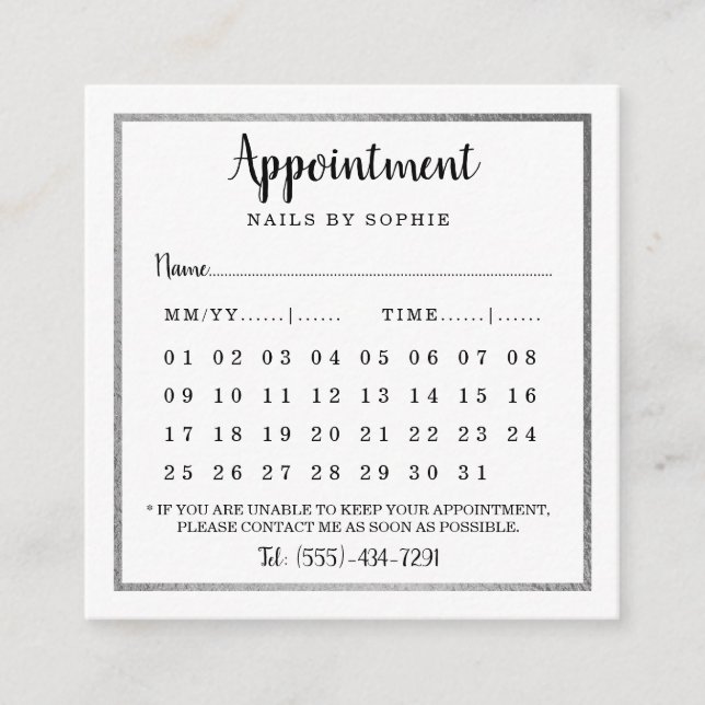 Cartes de rendez-vous du calendrier Silver Foil (Devant)