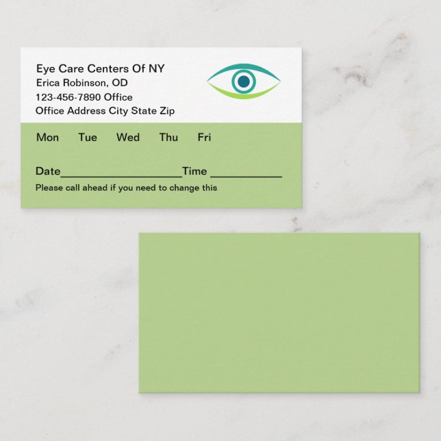 Cartes de rendez-vous optiques Médicale pour le mé (Devant / Derrière)