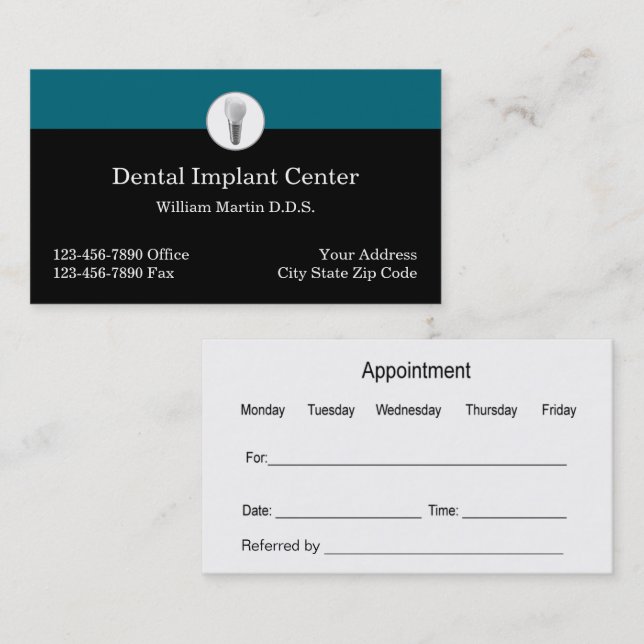 Cartes de rendez-vous pour dentistes et dentistes  (Devant / Derrière)