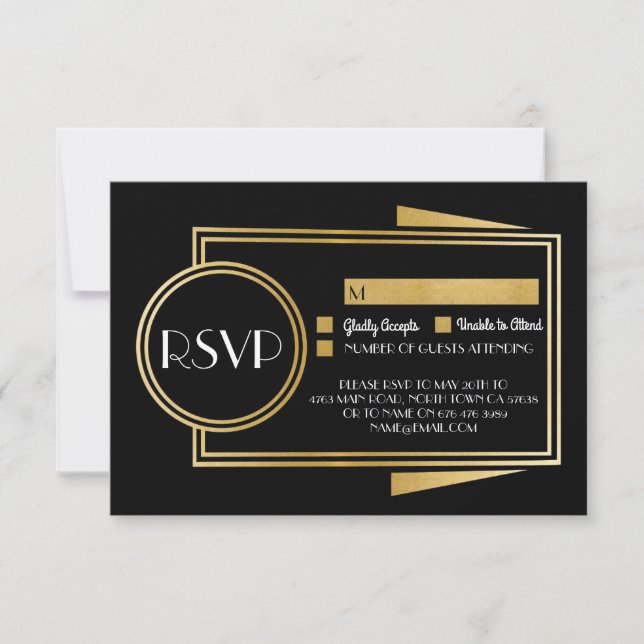 Cartes de réponse Art Déco RSVP 1920's Gold Black (Devant)