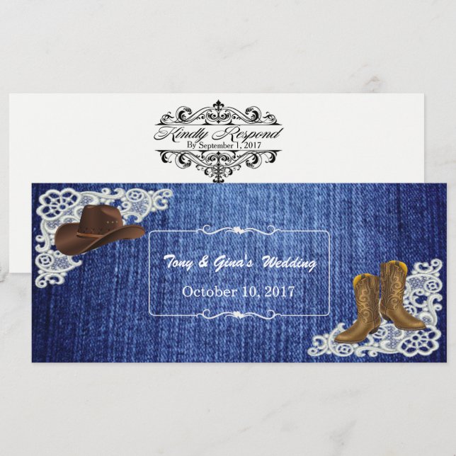 Cartes de réponse de mariage en denim avec bottes  (Devant / Derrière)