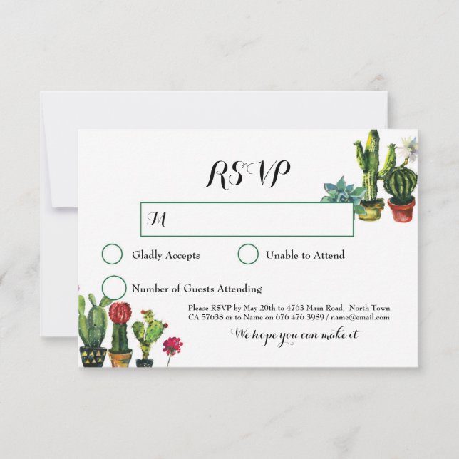 Cartes de réponse de mariage Fiesta Cactus RSVP Lu (Devant)