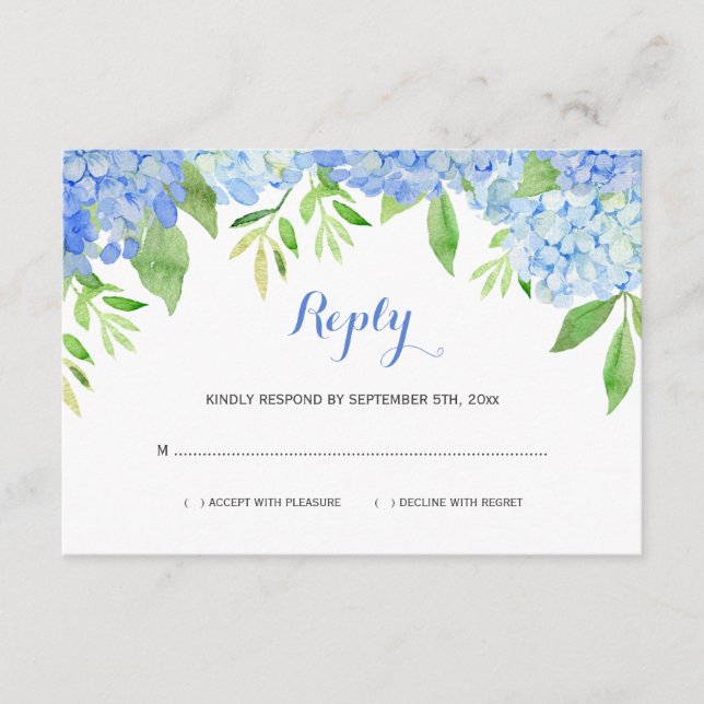 Cartes de réponse de mariage floral bleu d'hortens (Devant)