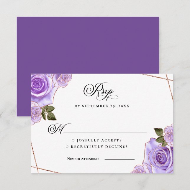 Cartes de réponse de mariage Roses violettes et do (Devant / Derrière)