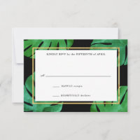 Cartes de réponse de mariage tropical, noir et or