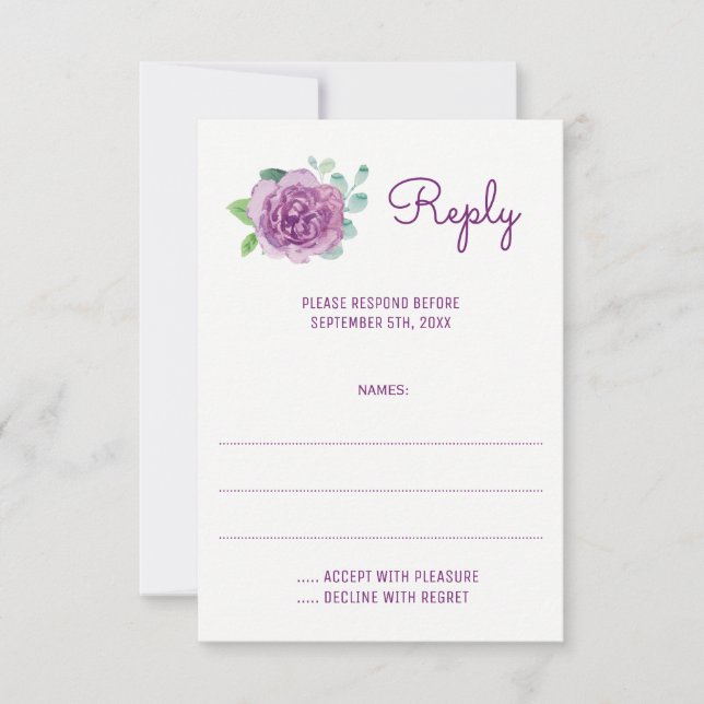 Cartes de réponse du Mariage d'aquarelle violet Ro (Devant)