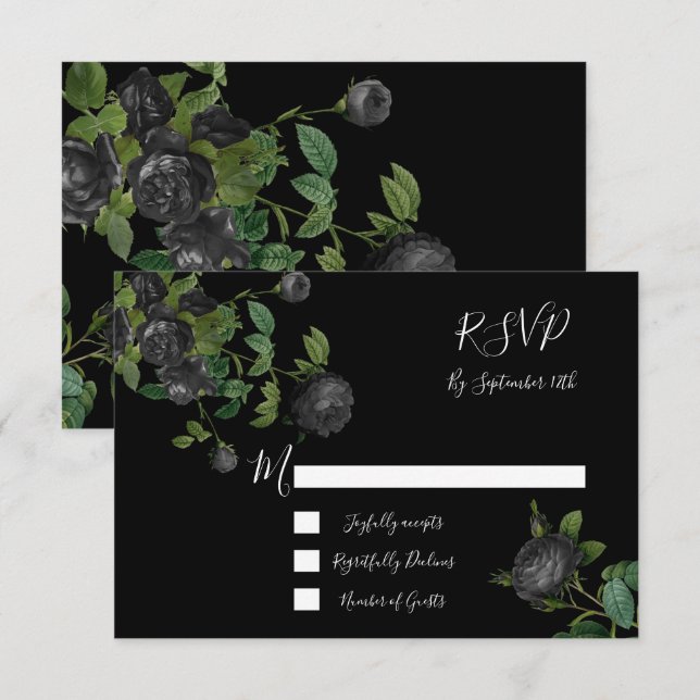 Cartes de réponse du Mariage Floral noir RSVP (Devant / Derrière)