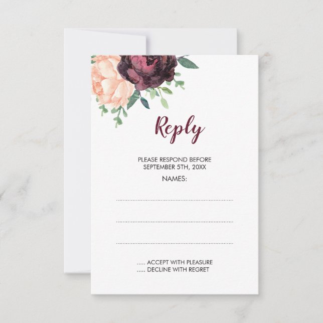 Cartes de réponse du Mariage Peach Rose de Bourgog (Devant)