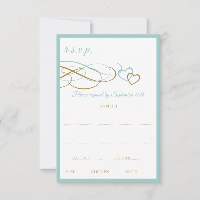 Cartes de réponse Mariage Coeur (Turquoise & Or) (Devant)