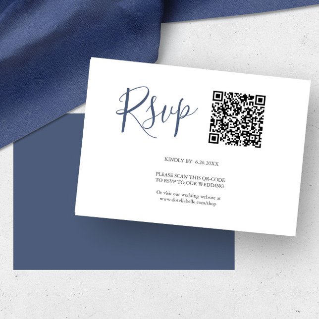 Cartes de réponse RSVP avec code QR bleu marine (QR code rsvp cards navy blue by Victoria Grigaliunas of Do Tell A Belle)