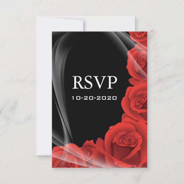 Cartes de réponse RSVP Noir & Rouge Rose Wedding (Devant)