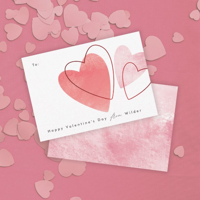 Cartes de Saint-Valentin en salle de classe Coeurs (A kids classroom Valentine's Day card with hand drawn hearts in red and pink tones.)
