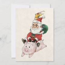 Cartes de Santa chevauchant un cochon avec une sou