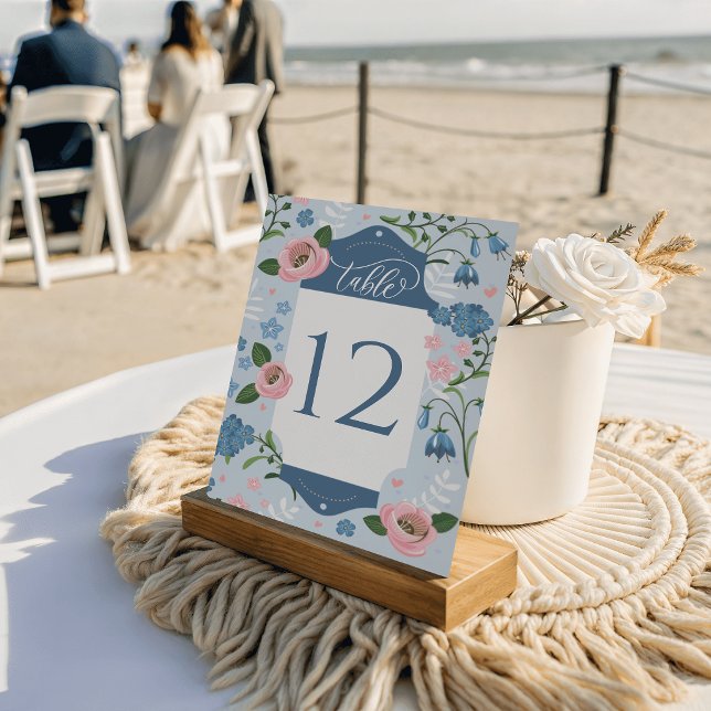 Cartes de table de mariage Art Déco florales bleue (Art Deco Floral Wedding Table Cards Seating)