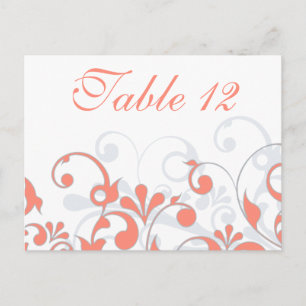 Cartes de table de Mariage corail, gris et blanc