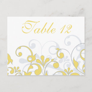 Cartes de table de Mariage jaune, gris et blanc