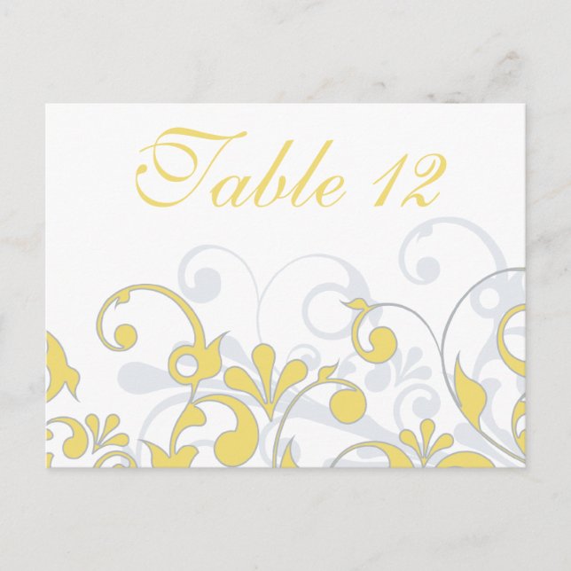 Cartes de table de Mariage jaune, gris et blanc (Devant)