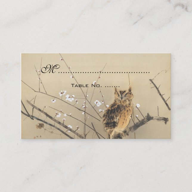 Cartes de table de mariage vintage, hibou japonais (Devant)